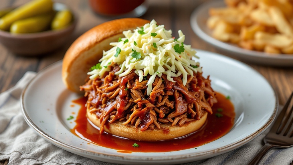Savory Slow-Cooked Pulled Pork Recipe A delicious serving of pulled pork on a bun with coleslaw, garnished with pickles on a rustic table.